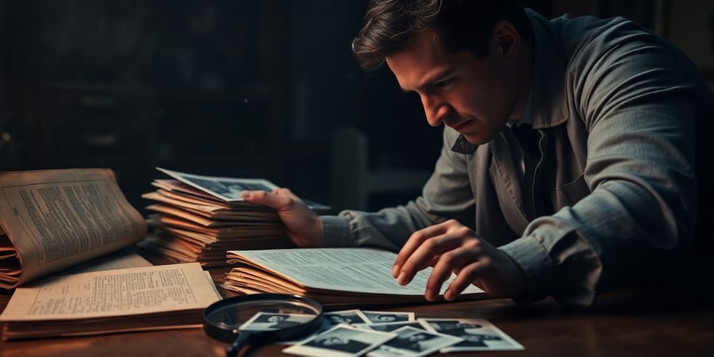 Detective reviewing old evidence in a dimly lit room.