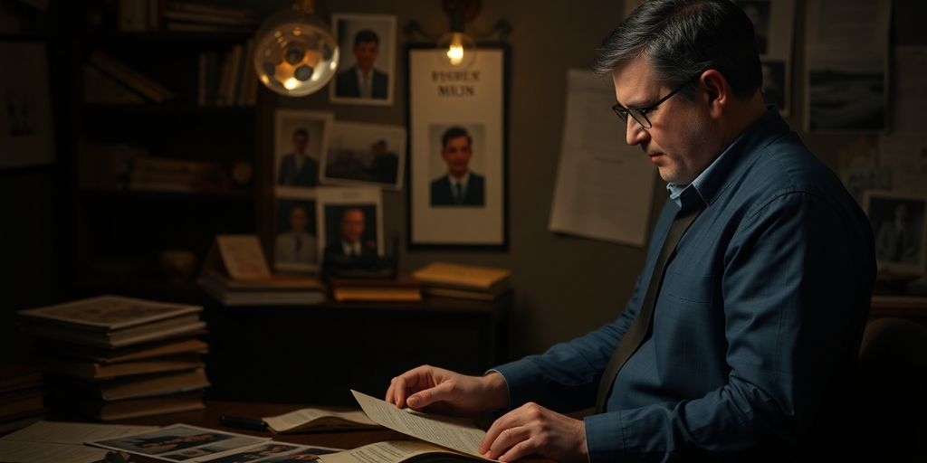 Private investigator analyzing clues in a dark room.