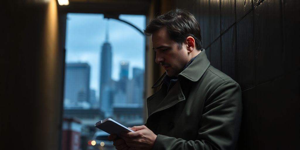 Private investigator observing from an alley at night.