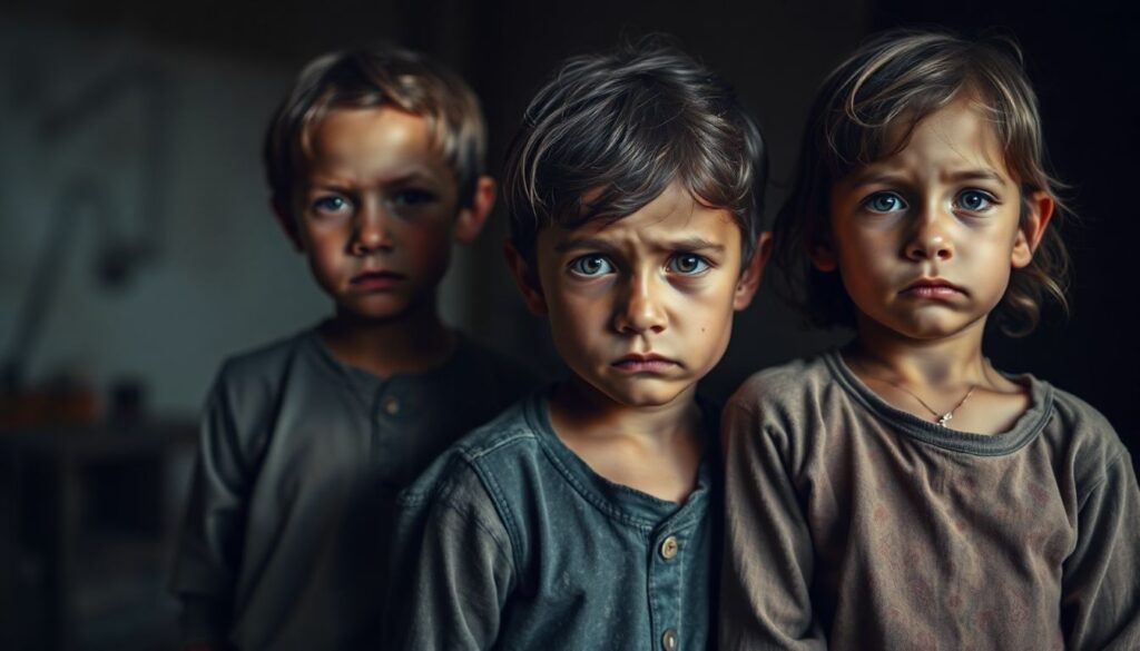 3 sad children in dirty clothes