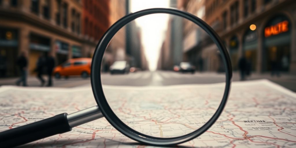 Magnifying glass on a map indicating a search.