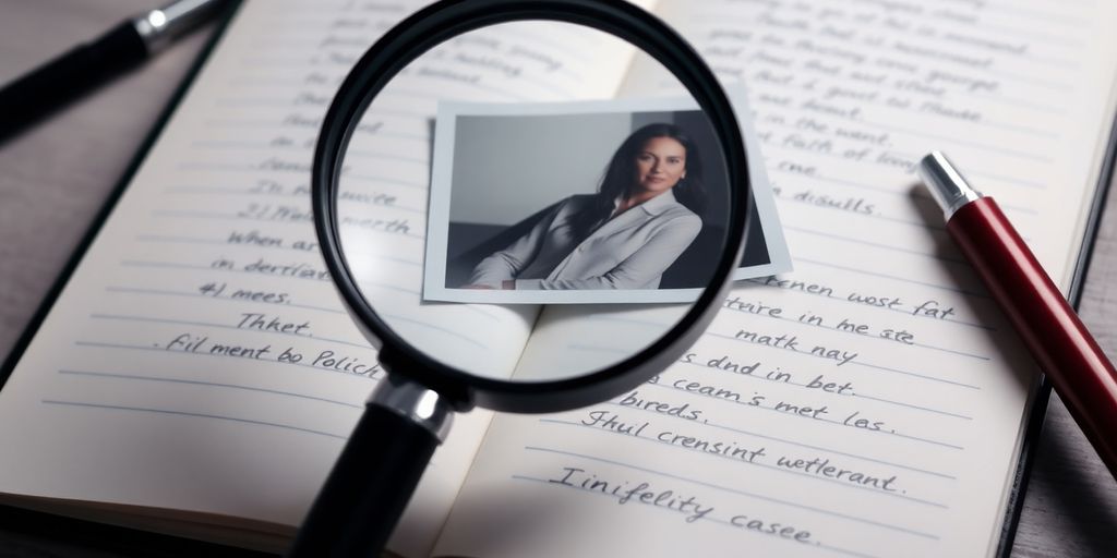 Magnifying glass and notebook representing private investigation.