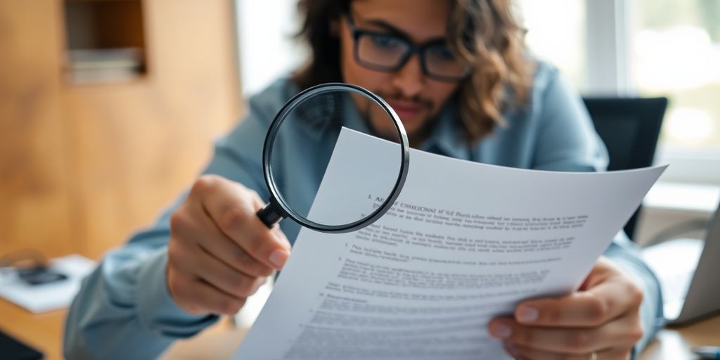 Person examining documents for background check verification.