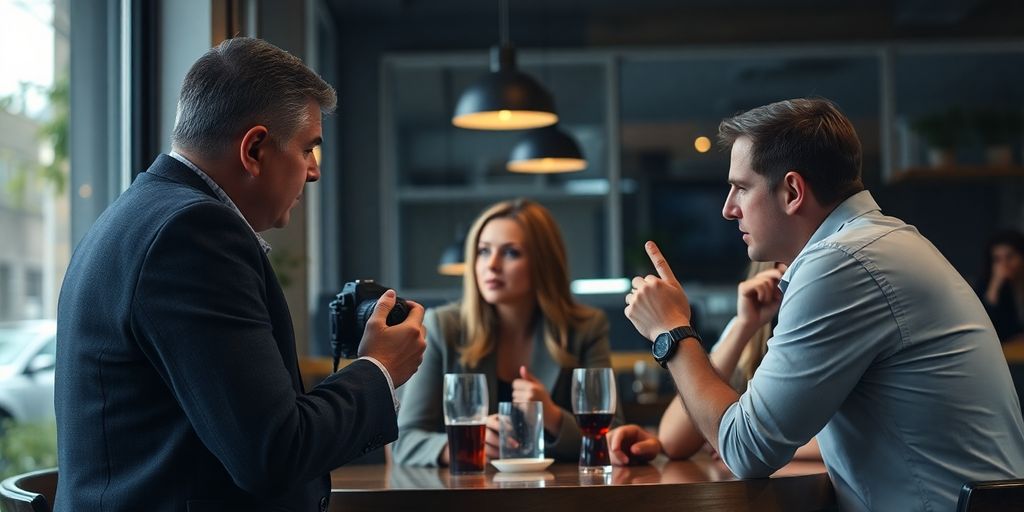 Private investigator watches couple, hinting at infidelity.