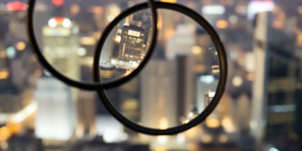 Magnifying glass on a blurred cityscape background.