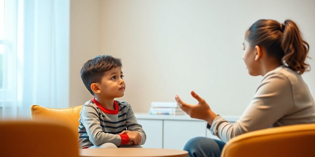 Mediator and child engaged in a calm discussion.