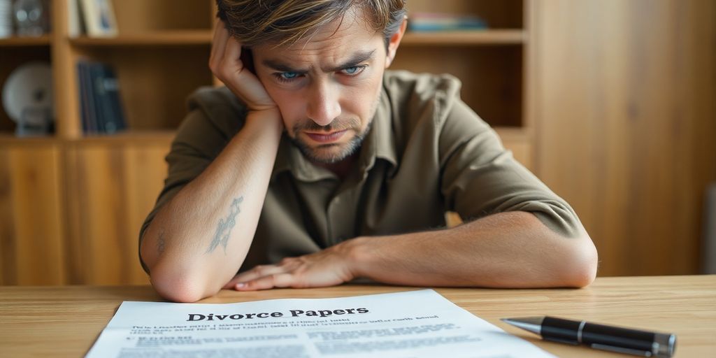 Person distressed over divorce papers on a table.