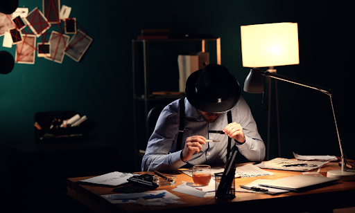 A private investigator checking evidence.
