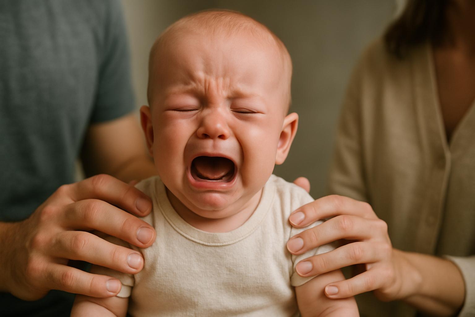 A crying infant with 2 parents