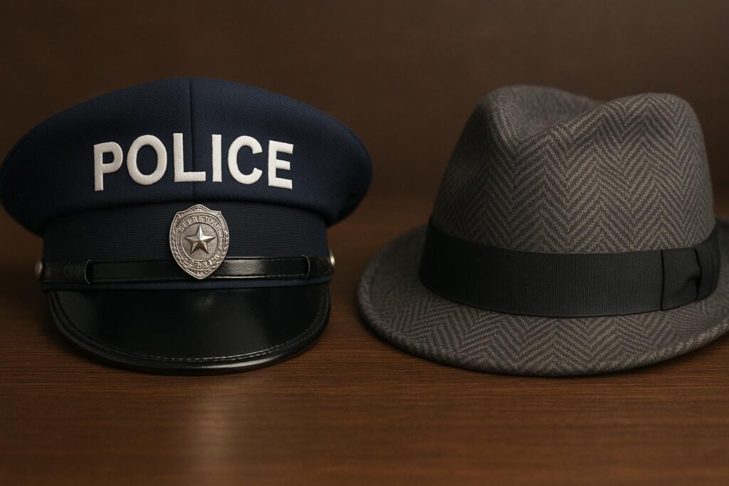Police cap and private investigator hat.