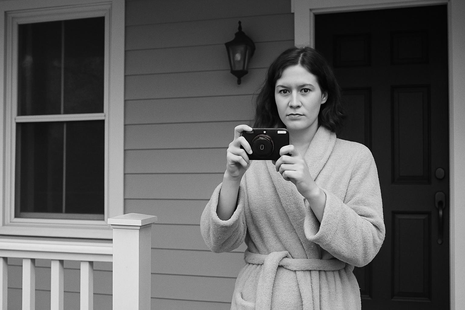 Woman with camera wearing a house robe trying to be a private investigator